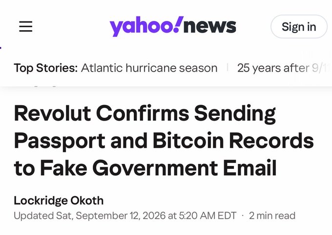 A Yahoo News headline by Lockridge Okoth reading: 'Revolut Confirms Sending Passport and Bitcoin Records to Fake Government Email.'