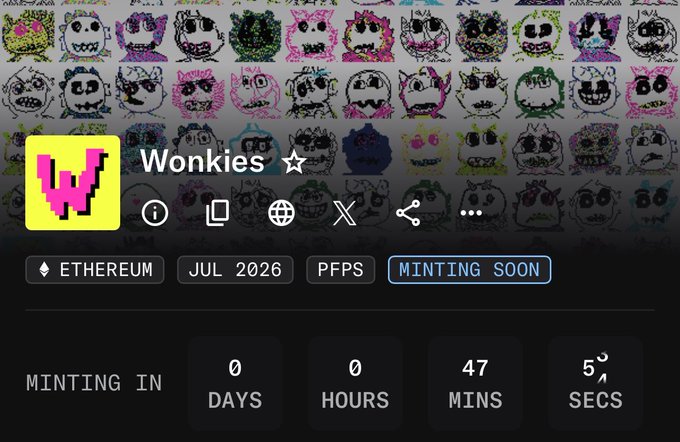A promotional page for the "Wonkies" NFT collection on Ethereum, with minting scheduled for July 2026 in 0 days, 0 hours, 47 minutes, and 5 seconds. The page displays a grid of colorful pixel-art character faces, matching the post's description of a 3,000-supply pixel art collection minting for 0.005 ETH on OpenSea in approximately one hour.