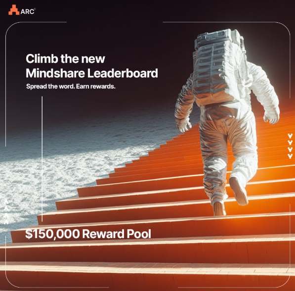 Promotional graphic for ARC featuring an astronaut climbing orange stairs, with text reading 'Climb the new Mindshare Leaderboard', 'Spread the word. Earn rewards.', and '$150,000 Reward Pool'.