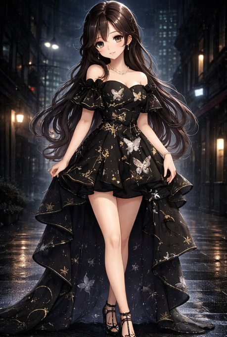 An anime-style illustration of a young woman with long dark hair wearing an elegant black and gold butterfly-patterned off-shoulder dress, standing on a rainy city street at night.