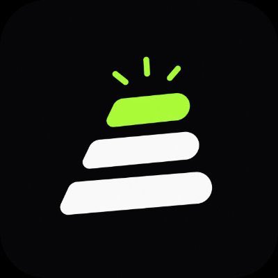 A dark app icon featuring a stylized layered pyramid in white and bright green with shine lines on top, representing the PotFun brand associated with a $100 $SOL giveaway promotion.