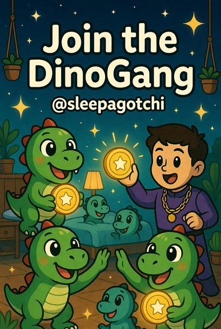 The image features a poster for a game called "DinoGang". The poster includes a cartoon illustration of a man holding up two gold coins, surrounded by four green dinosaurs with their arms raised. The text on the poster encourages players to join the game and mentions that it is related to the post about sleep schedules. The poster also includes a social media share button for the game's hashtag.