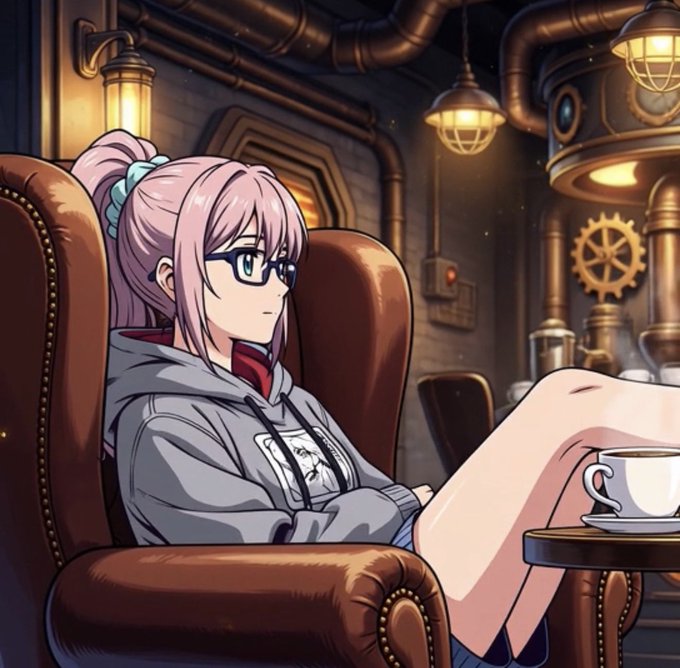 An anime girl with pink hair tied back, wearing glasses and a grey hoodie, sits in a leather armchair drinking from a teacup in a steampunk-style room with pipes and gears.