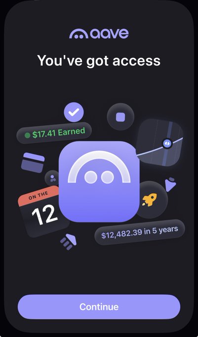 A mobile app screen for 'Aave' displaying a 'You've got access' confirmation, showing $17.41 Earned and projecting '$12,482.39 in 5 years' above a 'Continue' button.
