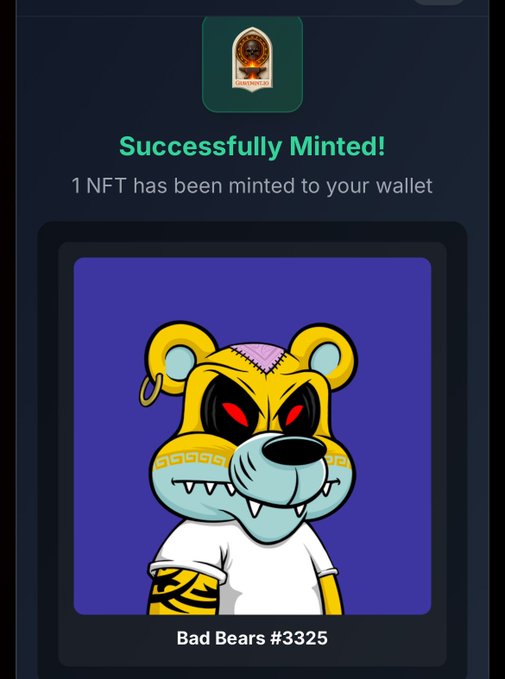 A mobile screen shows a 'Successfully Minted!' notification confirming 1 NFT has been added to the wallet, displaying a cartoon 'Bad Bears #3325' character on a purple background.