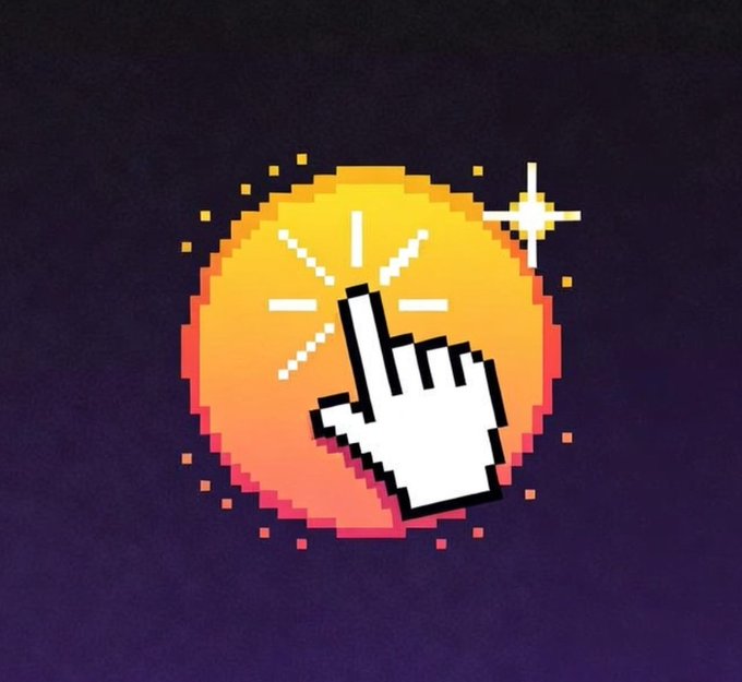 The image shows a pixel-art style icon of a glowing yellow-orange orb with a white cartoon cursor hand clicking it, set against a dark purple background. This visual represents the "tap-to-earn" gameplay of BankrClicker ($BNKR), where users tap the golden orb to earn $BNKR tokens in the Clicker game.
