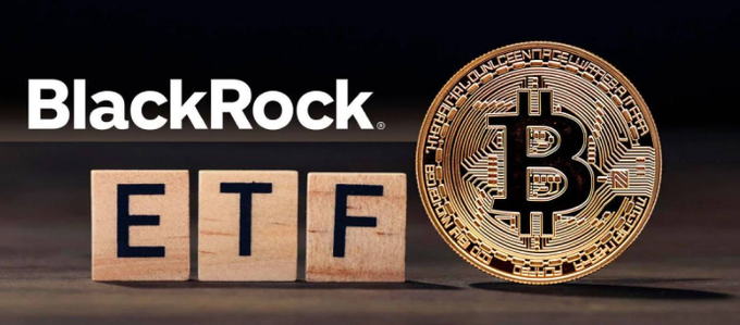 Wooden blocks spell "ETF" beneath the BlackRock logo, positioned next to a physical Bitcoin coin, visually representing the context of spot Bitcoin ETF outflows involving BlackRock's IBIT fund.