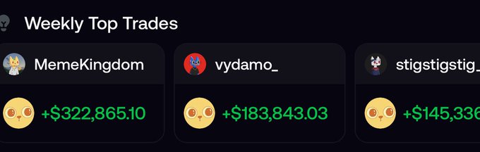 A 'Weekly Top Trades' leaderboard showing MemeKingdom with +$322,865.10, vydamo_ with +$183,843.03, and stigstigstig with +$145,336, each accompanied by emoji avatars.