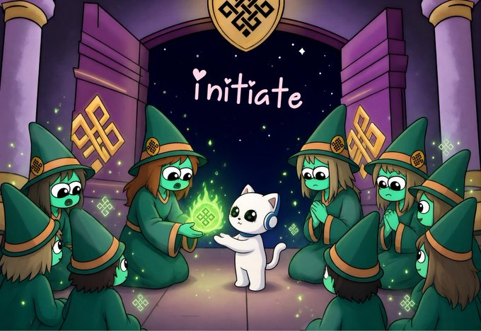 A cartoon illustration depicts a white cat surrounded by robed figures in green wizard attire, with one presenting a glowing green Celtic knot emblem under a starry archway labeled 'Initiate' with a heart symbol.
