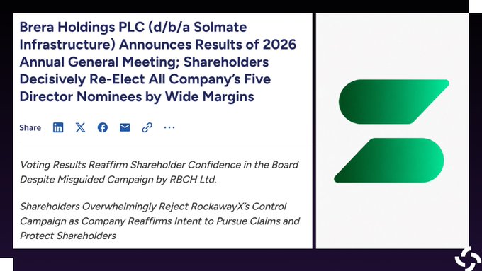 Press release headline: Brera Holdings PLC (d/b/a Solmate Infrastructure) Announces Results of 2026 Annual General Meeting; Shareholders Decisively Re-Elect All Company's Five Director Nominees, with a green logo on the right.