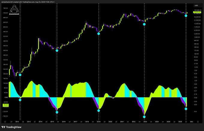 A TradingView chart on a monthly timeframe shows Bitcoin's price climbing from around $200 in 2012 to approximately $108,000 by August 2026, with an oscillator indicator below highlighting major historical bottoms marked by cyan dots. The chart's long-term upward trajectory supports the claim that Bitcoin's bull market is only in its early stages, with price discovery extending to new all-time highs.