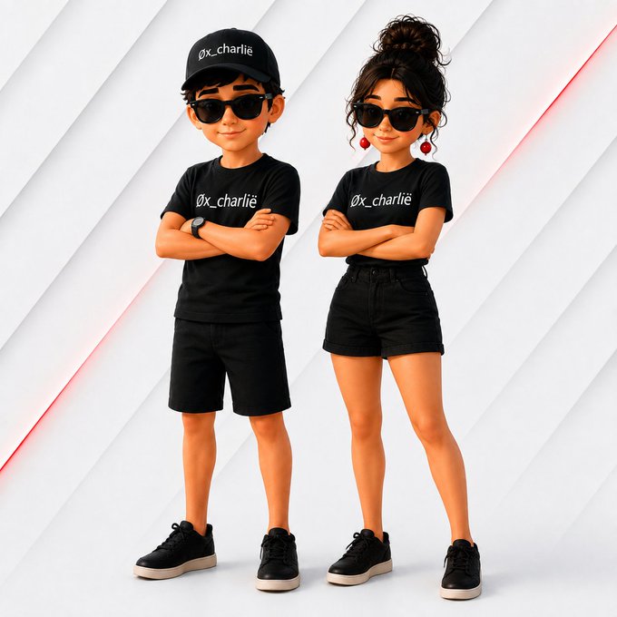 A 3D-rendered cartoon boy and girl pose confidently with crossed arms, wearing matching black sunglasses, black sneakers, and black t-shirts featuring the text 'Øx_charliê'.