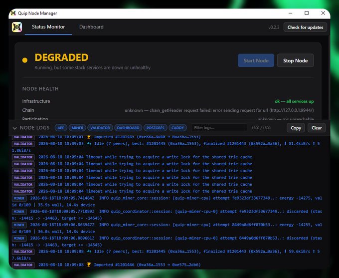 A screenshot of the Quip Node Manager software displaying a 'DEGRADED' status, with node logs showing timeout errors while attempting to acquire a write lock for the shared trie cache.