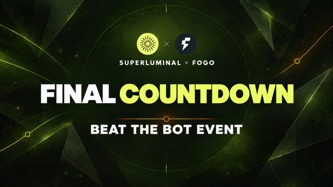 The image is a promotional graphic for the "FINAL COUNTDOWN" of the **Superluninal × Fogo Beat the Bot Event**, featuring the SLX and Fogo logos against a dark green, geometric background with glowing accents—visually reinforcing the post's message that the event is in its final 24 hours.