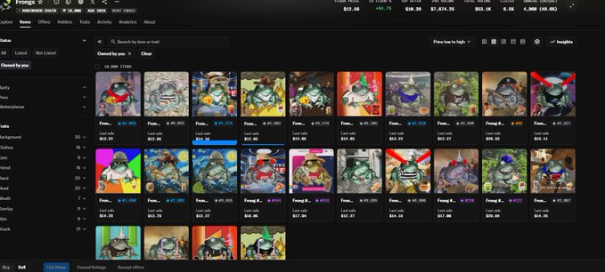 A screenshot of a digital NFT marketplace gallery displaying multiple 'Frens' collection items showing cartoon characters in various settings.