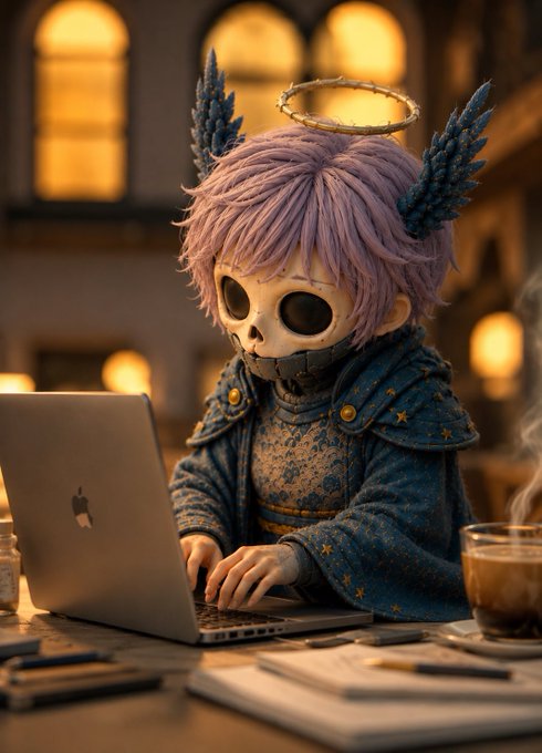 A 3D-rendered, stylized character with pink hair, skeletal mask, and a halo types on a silver laptop at a desk with a coffee cup.