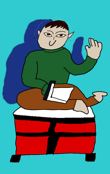 The image features a cartoon illustration of an elf sitting on top of a red chest, holding a book or paper with both hands. The elf has a green sweater and brown pants, giving off a whimsical appearance. The background of the image is blue, which contrasts nicely with the red chest and adds to the overall visual appeal of the scene.