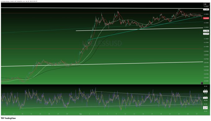 A TradingView chart titled "NZD/USD created with TradingView.com" showing a candlestick price chart with moving averages, RSI indicator, and an ascending channel pattern in green.