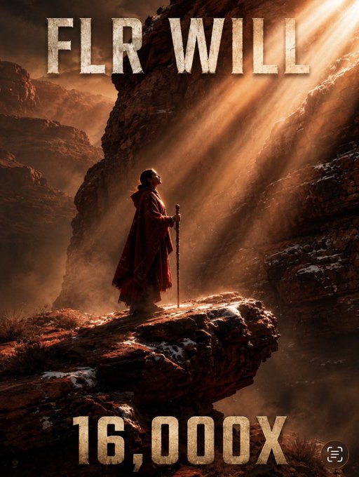 A cinematic poster showing a hooded figure in red robes holding a staff on a rocky cliff, with sunlight streaming through the canyon. Large text reads 'FLR WILL' at the top and '16,000X' at the bottom.