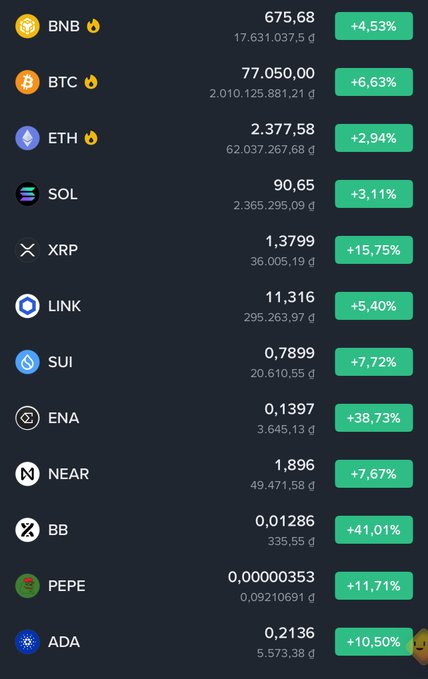 A cryptocurrency market listing showing various coins including BNB, BTC, ETH, SOL, XRP, LINK, SUI, ENA, NEAR, BB, PEPE, and ADA with their prices and 24-hour percentage changes in green.