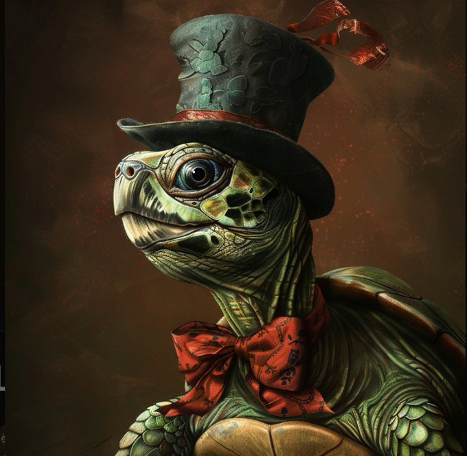 A digital painting of a green turtle wearing a tall dark top hat with a red ribbon and a red bow tie, set against a dark brown background.