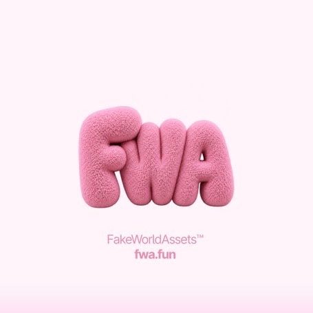 A pink fluffy 3D-textured logo spells 'FWA' with 'FakeWorldAssets™' and 'fwa.fun' text below on a white background.