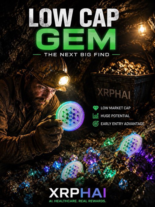 A dramatic promotional graphic for **$XRPHAI** features a bearded miner in a cave holding a glowing, iridescent gem, with treasure labeled "XRPHAI" and key selling points—"LOW MARKET CAP," "HUGE POTENTIAL," and "EARLY ENTRY ADVANTAGE"—alongside the tagline "LOW CAP GEM: THE NEXT BIG FIND," visually reinforcing the post's theme of seeking low-cap crypto projects with real-world AI and healthcare utility before widespread discovery.