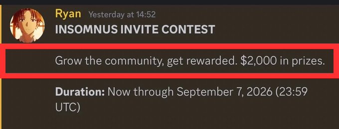 Ryan's "INSOMNUS INVITE CONTEST" announcement highlights a community growth contest with $2,000 in prizes, tied to the Alpha's invitation contest instructions for joining the Insomnus Discord and generating referral links.