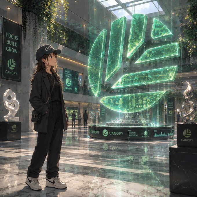 Anime-style illustration of a woman in streetwear standing in a modern atrium beside a large glowing green holographic logo, with "CANOPY" and "FOCUS BUILD GROW" branding visible in the background.