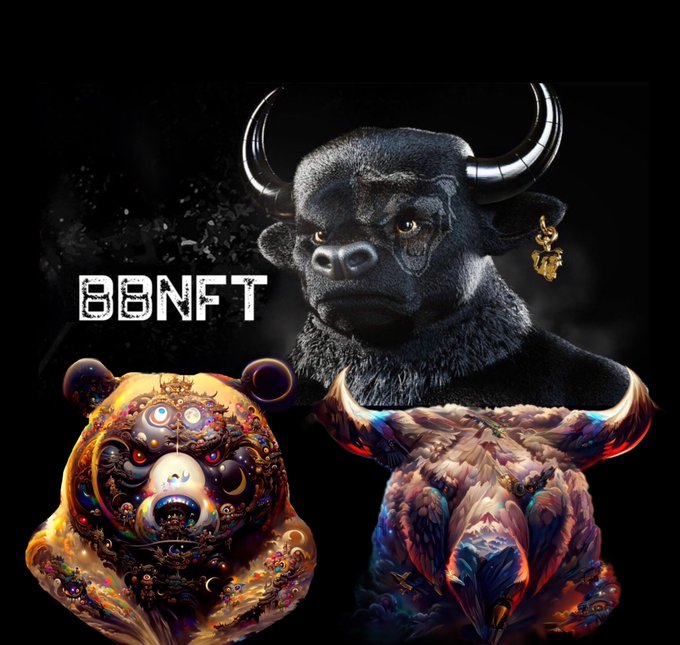 Promotional artwork for 'BBNFT' featuring a menacing black bull with silver horns and a gold 'B' earring above two ornate, colorful NFT character busts.
