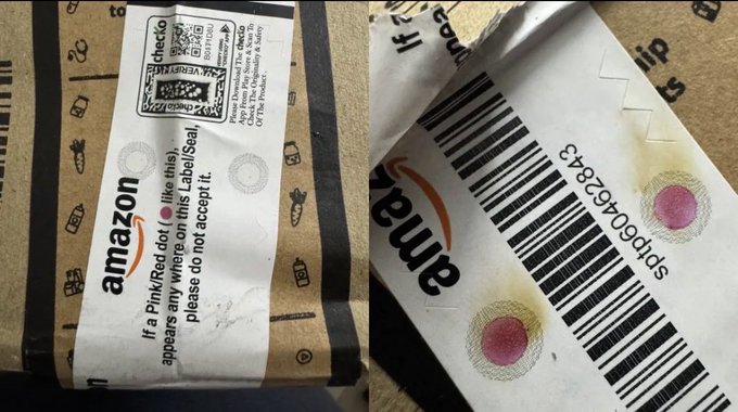 Two Amazon shipping labels attached to cardboard packages, with pink circular marks and barcodes visible.
