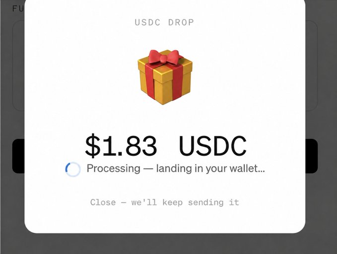 A popup notification shows a "USDC DROP" of $1.83 USDC with a gift box icon and a "Processing — landing in your wallet..." status, illustrating the small reward received from selling data to MoonPay as described in the post.