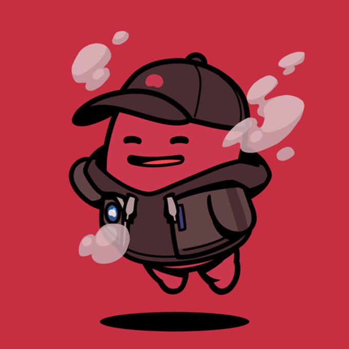 A cartoon illustration of a red, blob-like character wearing a black cap and brown jacket, jumping joyfully with a red background and steam/smoke effects around it.