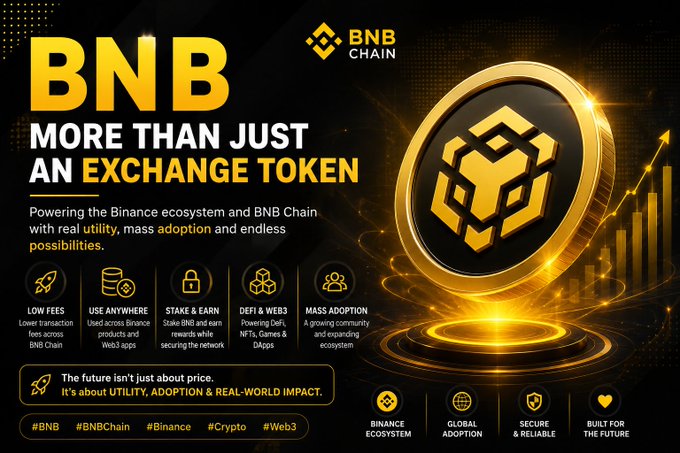 A promotional graphic for BNB (BNB Chain) with the tagline 'MORE THAN JUST AN EXCHANGE TOKEN,' highlighting features like low fees, use anywhere, stake & earn, DeFi & Web3, and mass adoption.