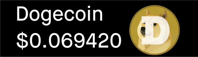 A graphic displays the Dogecoin logo—a Shiba Inu dog with a "D"—alongside the price "$0.069420," with the playful numerical sequence hinting at the phrase "intended" from "meant to be."