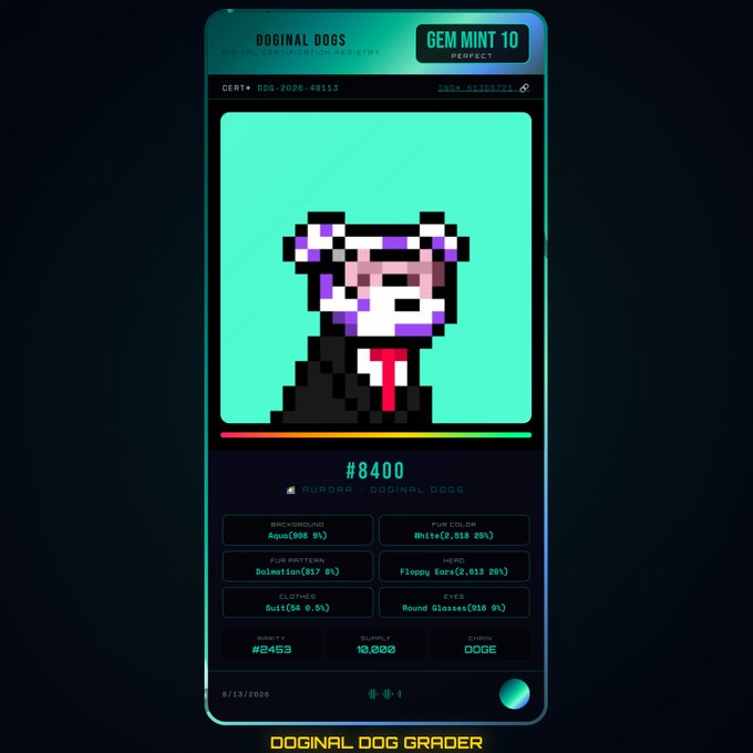 A 'Doginal Dogs' NFT certificate card (#8400) for a pixelated panda in a suit, graded as GEM MINT 10 PERFECT, showing traits like 'Dalmation' fur pattern, 'Floppy Ears' head, 'Suit' clothes, and 'Round Glasses' eyes.
