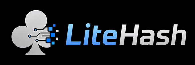 The LiteHash logo on a black background, featuring a silver clover-shaped icon with blue circuit-like accents alongside the blue and white "LiteHash" text.