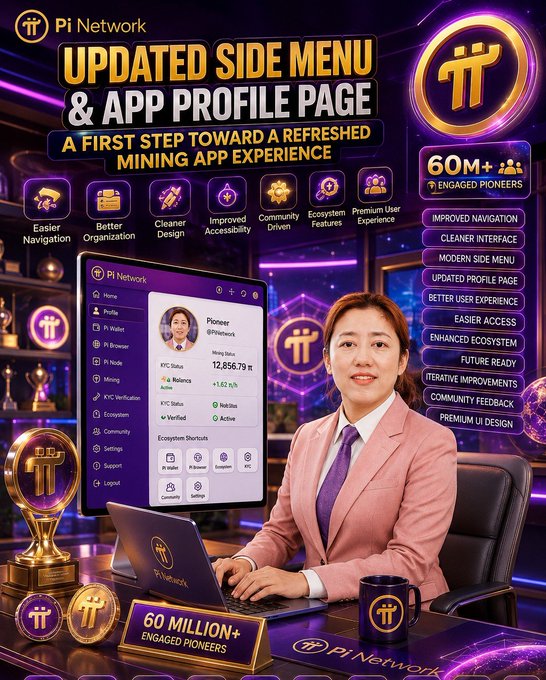 A promotional graphic for **Pi Network** announcing an updated Side Menu and App Profile Page, highlighting "60M+ Engaged Pioneers" and features like easier navigation, cleaner design, improved accessibility, and better organization, with an illustration of a professional woman in a pink blazer using the redesigned app interface that shows a profile for "Pioneer @PioneerX" with a KYC balance of 12,856.79 Pi.
