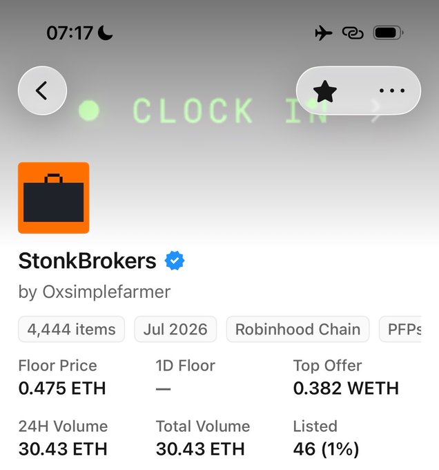 A mobile screenshot from what appears to be OpenSea showing the 'StonkBrokers' NFT collection by Oxsimplefarmer with 4,444 items, displaying a Floor Price of 0.475 ETH, 24H Volume of 30.43 ETH, and Top Offer of 0.382 WETH.