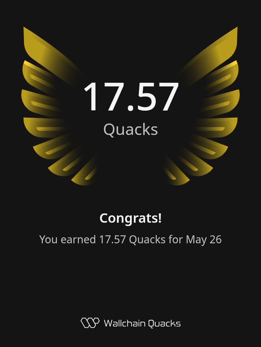 The image features a post from Wallchain Quacks celebrating their accomplishment. They have reached 17.57 Quacks. The background of the image is black, which highlights the gold wing logo and the numbers "17.57" prominently displayed.