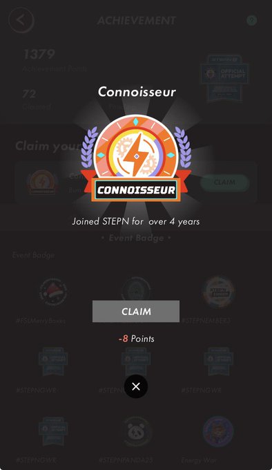 Achievement screen displaying a 'Connoisseur' badge with rainbow lightning bolt design, awarded for 'Joined STEPN for over 4 years', with 1379 Achievement Points and an Event Badge section showing various #STEPN related badges.