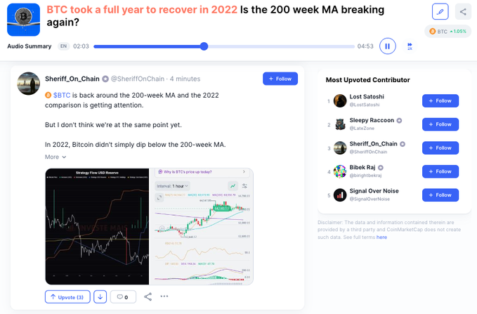 A Twitter post from @Sheriff_On_Chain discusses Bitcoin (BTC) being back around the 200-week moving average and compares the current situation to 2022, noting that BTC took a full year to recover and questioning if history will repeat itself. The post includes charts showing the 200-week MA and price action, directly relating to the accompanying caption about BTC approaching the 200-week MA zone where buyers have historically seen a median 113% return.