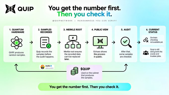 An infographic from QUIP Network titled 'You get the number first. Then you check it.' outlining a six-step verification process: Quantum Hardware, Samples Recorded, Merkle Root, Public View, Audit, and Current Status.