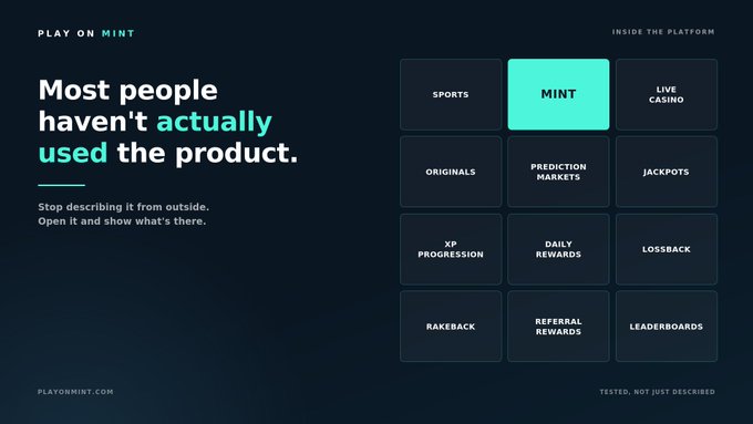 A dark promotional graphic for 'PLAY ON MINT' featuring the tagline 'Most people haven't actually used the product' alongside a grid of platform features including Sports, Live Casino, Originals, Prediction Markets, Jackpots, XP Progression, Daily Rewards, Lossback, Rakeback, Referral Rewards, and Leaderboards.
