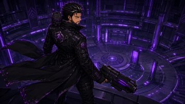 A character in a long black coat with purple accents holds a futuristic purple and black rifle while standing in a dark, circular sci-fi chamber.