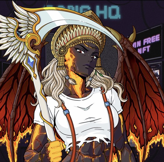 Digital artwork depicts an angelic figure with dark skin, a golden crown, large white wings, and glowing lava-like cracks on her body, holding a white staff in a futuristic setting with 'HQ' signage in the background.