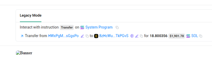 Screenshot of a 'Legacy Mode' interface showing a 'Transfer' instruction interaction with a System Program, displaying a transaction to transfer 18.800356 SOL ($1,901.78) from HWxPgM...sGqsPo to 8zHcWu...TkPGvS.