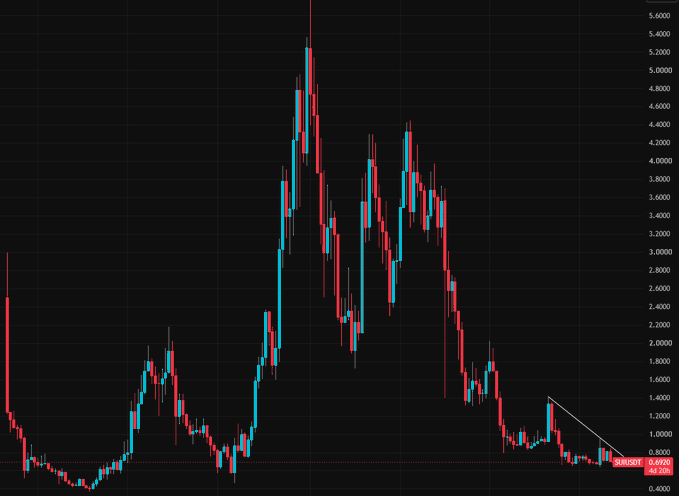 A candlestick chart displays SUI/USD price action showing a historical peak near 5.500, followed by a steep downtrend to current lows around 0.6928, with the post suggesting the asset may rebound similarly to its 2024 +700% rally from comparable levels.