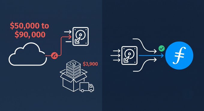 The image contrasts two data transfer methods: cloud egress fees ranging from $50,000 to $90,000 to move one petabyte, versus shipping hard drives for $3,900 plus freight, with an arrow showing Filecoin offering zero egress fees as an alternative to costly cloud providers.