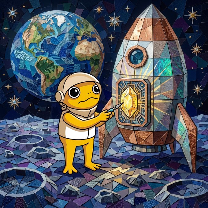 The image features a cartoon frog wearing an orange jumpsuit, standing next to a large rocket ship with a diamond patterned surface. The frog appears to be pointing at something inside the rocket, possibly a diamond or a piece of paper. In the background, there is a globe and stars, suggesting that they are in outer space. The caption below the image reads "$TURBO Toad is happy to build the future alongside the best community in the galaxy".